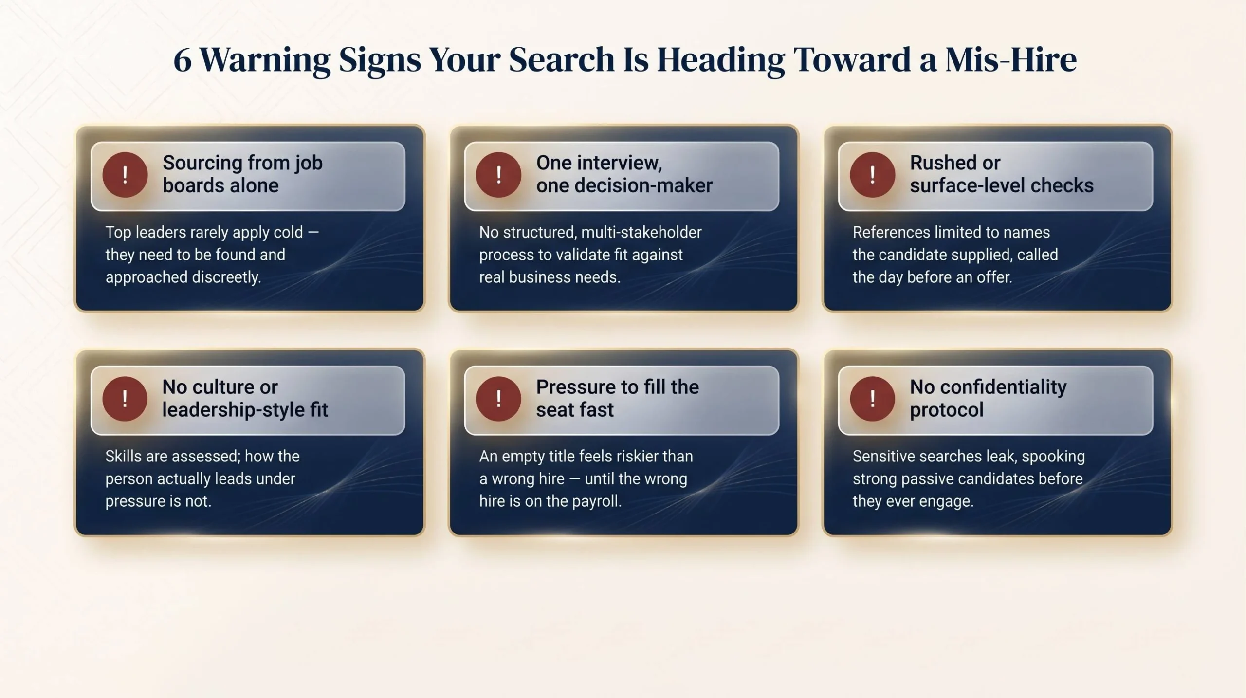 Grid of six warning signs of a bad executive search process, including job-board-only sourcing, single-interview decisions, and rushed reference checks